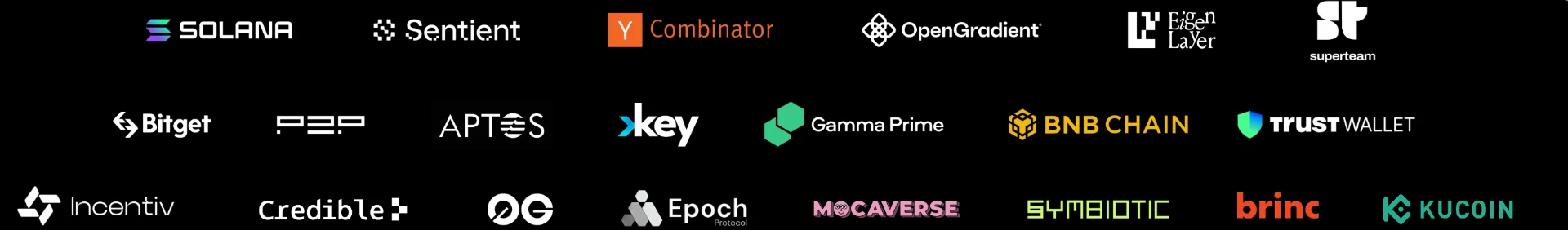 Client logos: Solana, Sentient, Y Combinator, OpenGradient, EigenLayer, Superteam, Bitget, P2P, Aptos, Key, Gamma Prime, BNB Chain, Trust Wallet, Incentiv, Credible, 0G, Epoch Protocol, Mocaverse, Symbiotic, Brinc, KuCoin